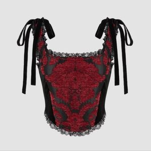Scoop Neck Floral Lace Knotted Cami Corset Top - Red
